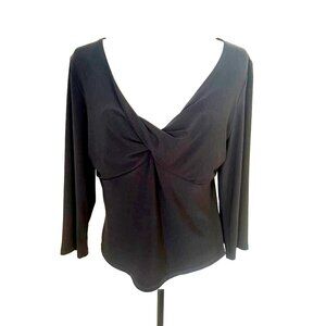 FRANK LYMAN Top Blouse Size 14 Black V-Neck Criss Cross Bodice 3/4 Sleeve